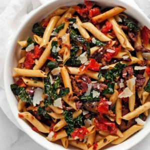 Tomato Olive Kale Sausage Penne