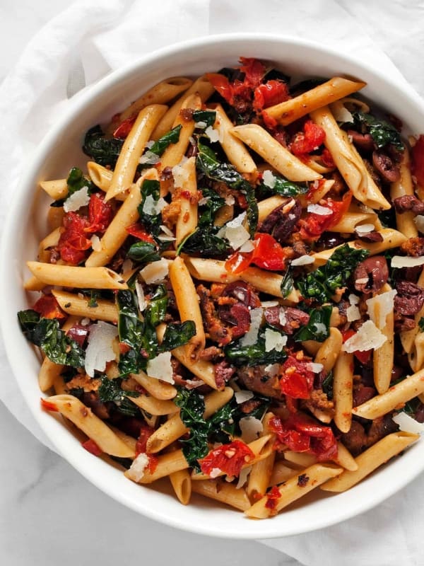 Tomato Olive Kale Sausage Penne