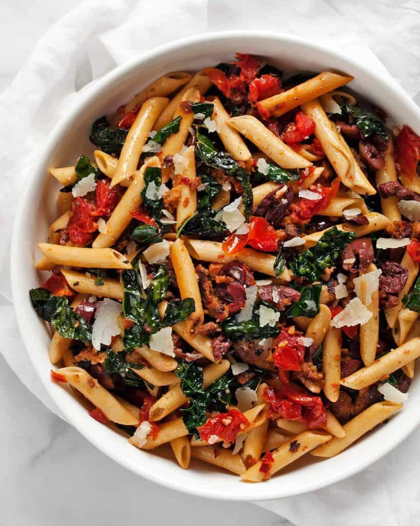 Tomato Olive Kale Sausage Penne