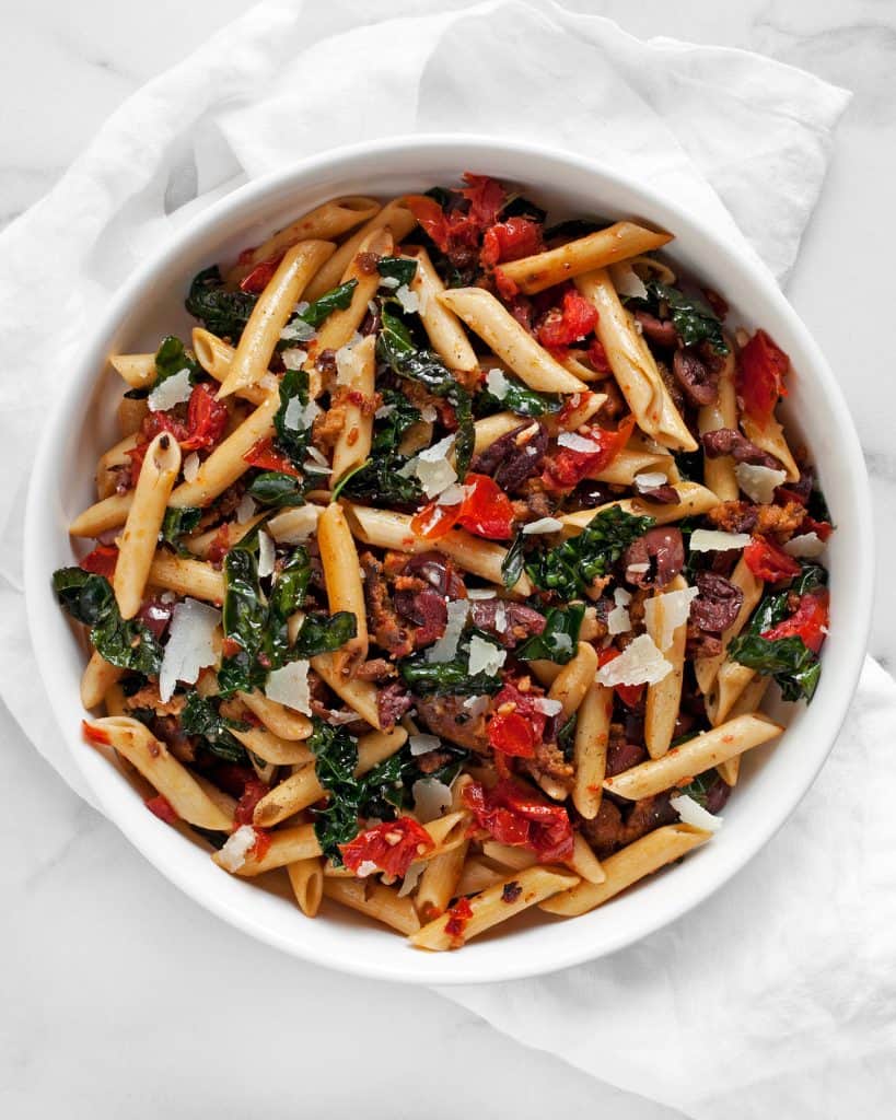 Tomato Olive Kale Sausage Penne