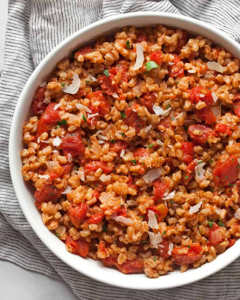 Baked Farro Risotto with Canned Tomatoes Last Ingredient