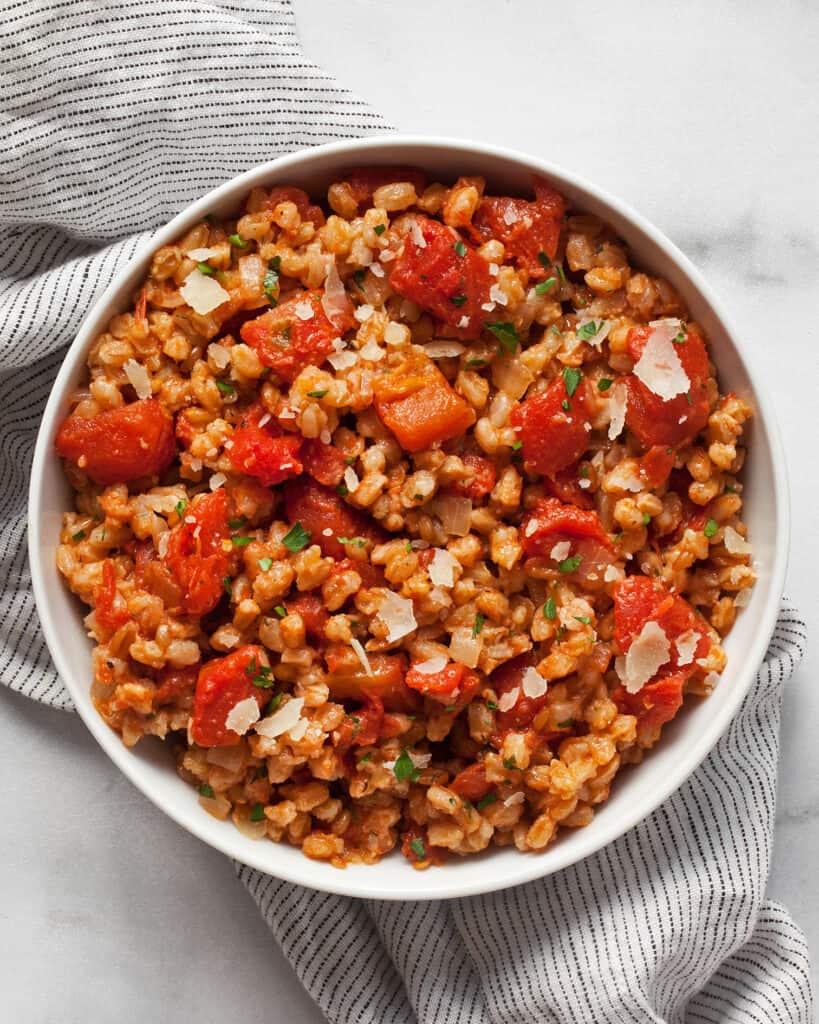 Baked Farro Risotto with Canned Tomatoes Last Ingredient