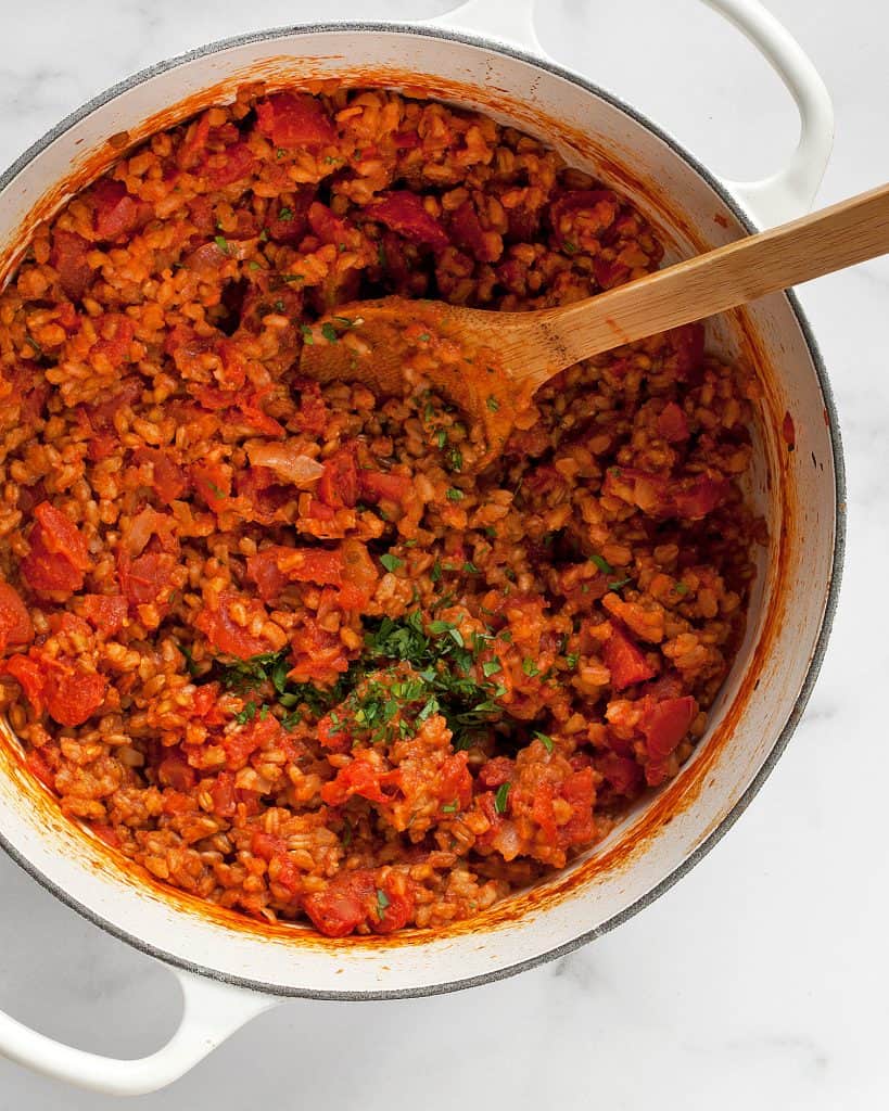 Tomato risotto in an oven-safe saucepan