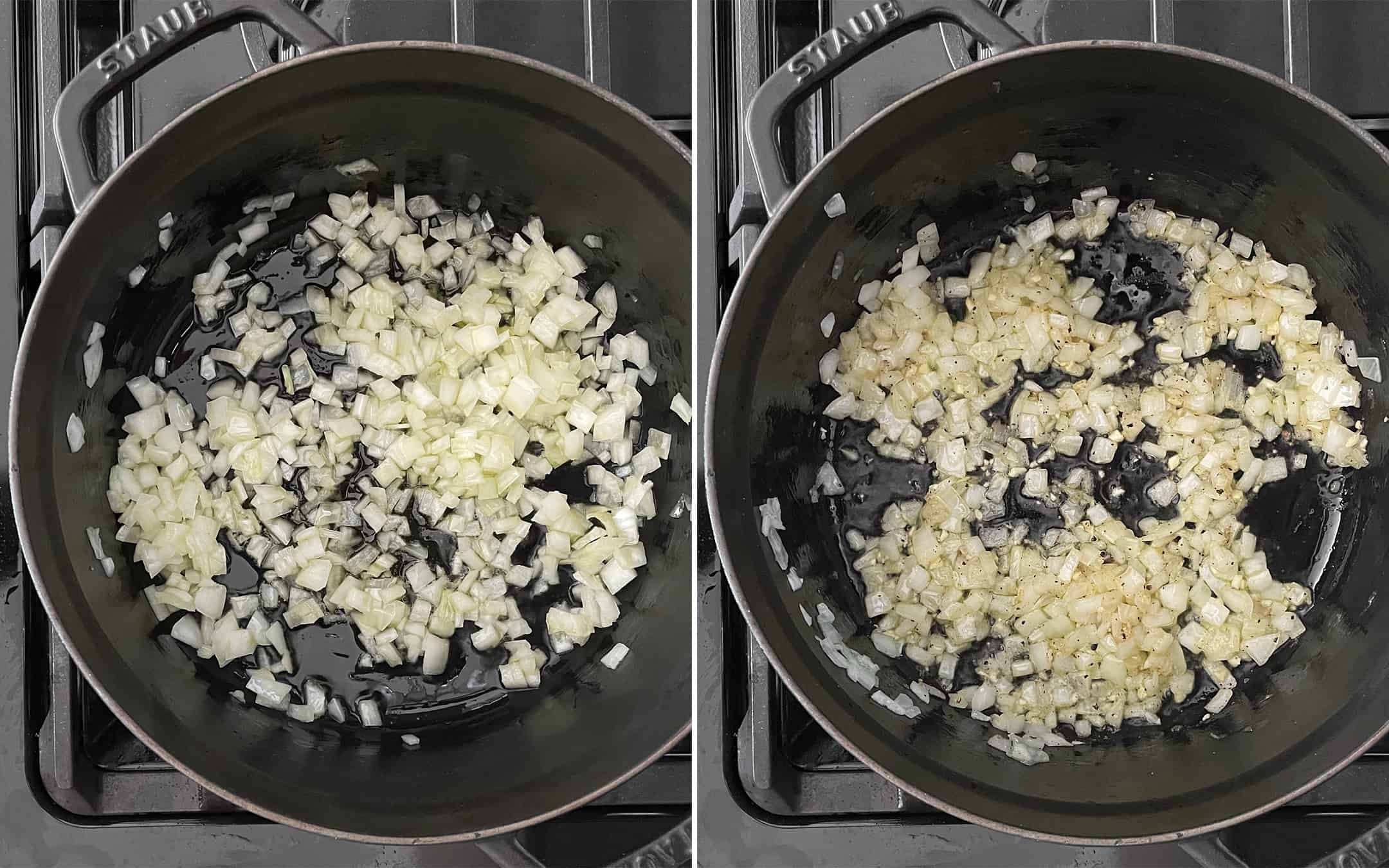 Saute the onions in a dutch oven. Then stir in the garlic and spices.