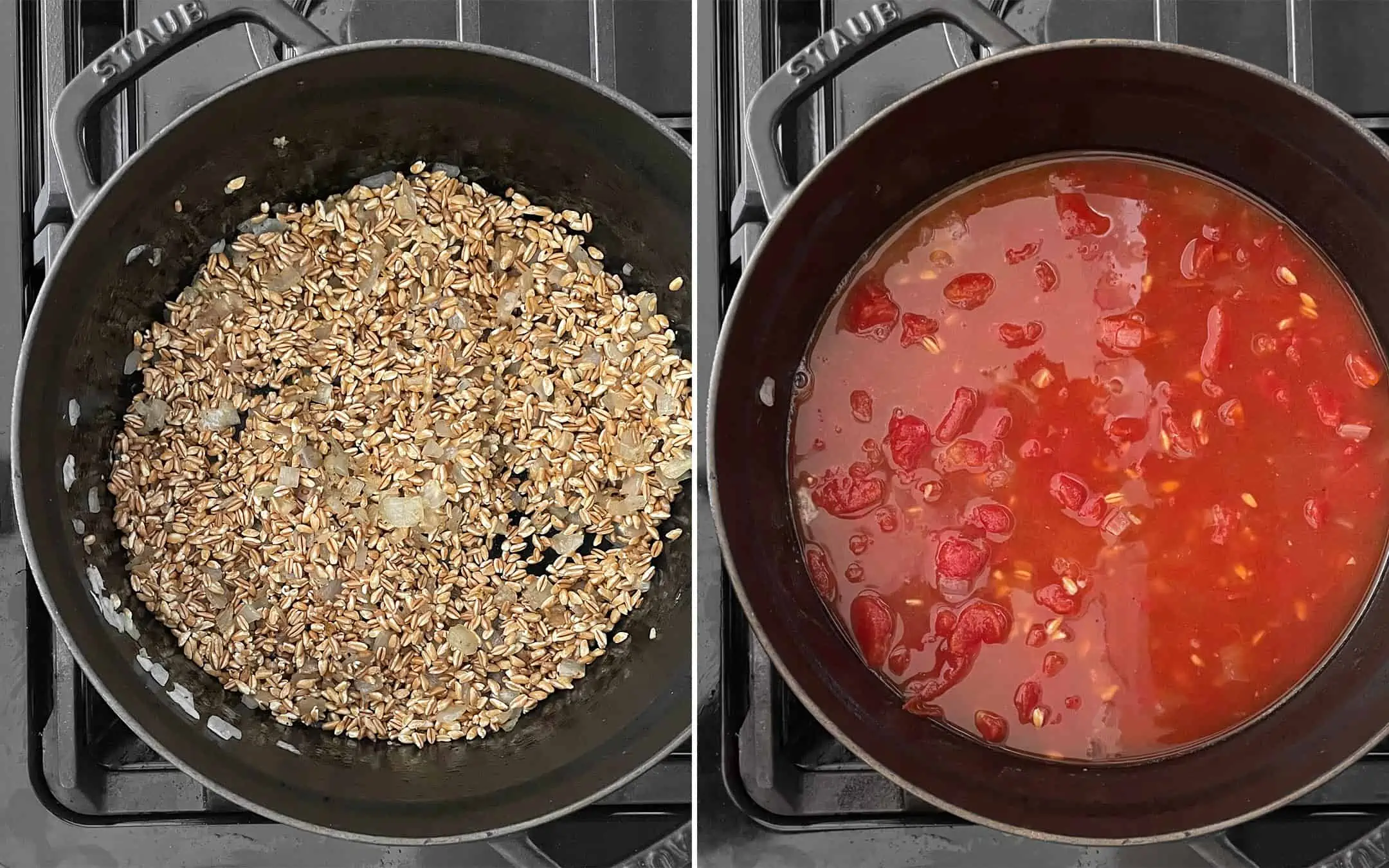Stir in the farro. Then pour the tomatoes and broth into the pot.
