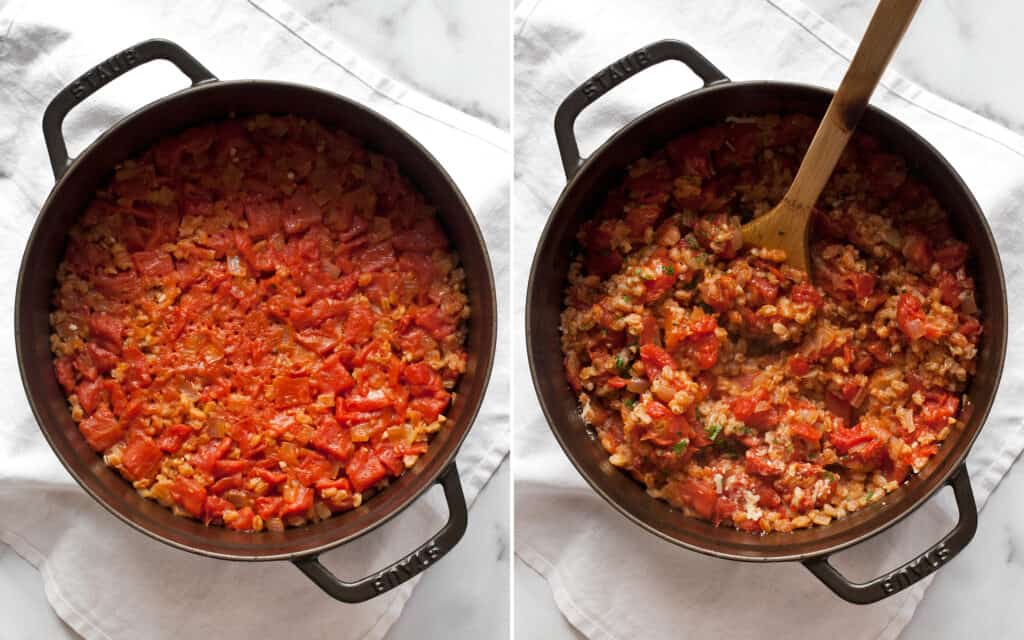 Baked Farro Risotto with Canned Tomatoes Last Ingredient