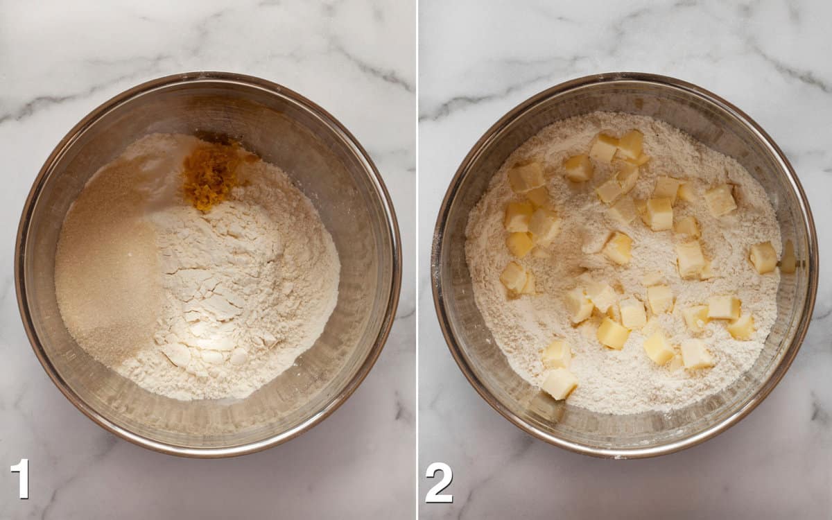 Dry ingredients in a bowl. Butter cut into flour mixture.