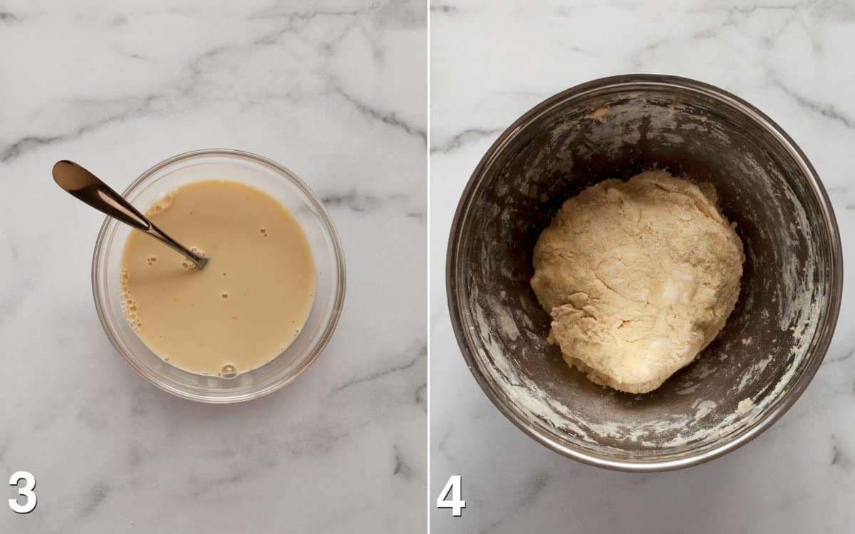 Wet ingredients whisked together in a bowl. Ball of dough in a large bowl.