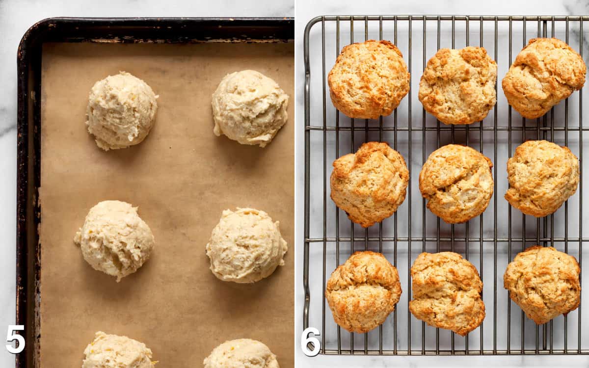 Scone dough portioned out on a baking sheet. Baked scones cooling on wire rack.