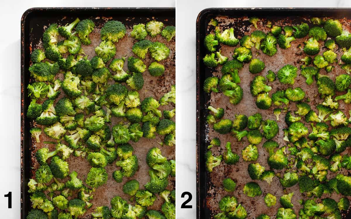 Broccoli on a sheet pan before and after it is roasted.