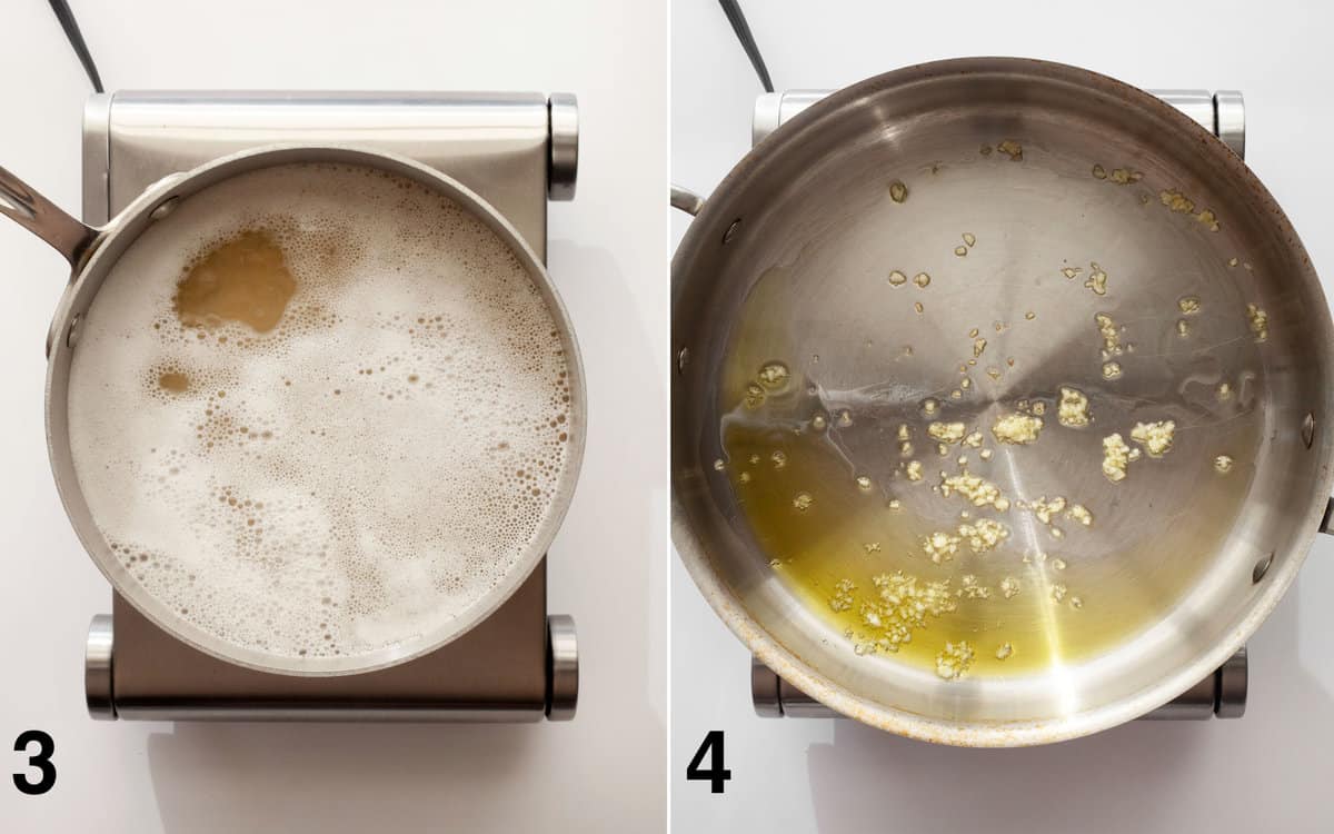 Orzo simmering in a medium pot. Minced garlic sautéing in oil in a skillet.