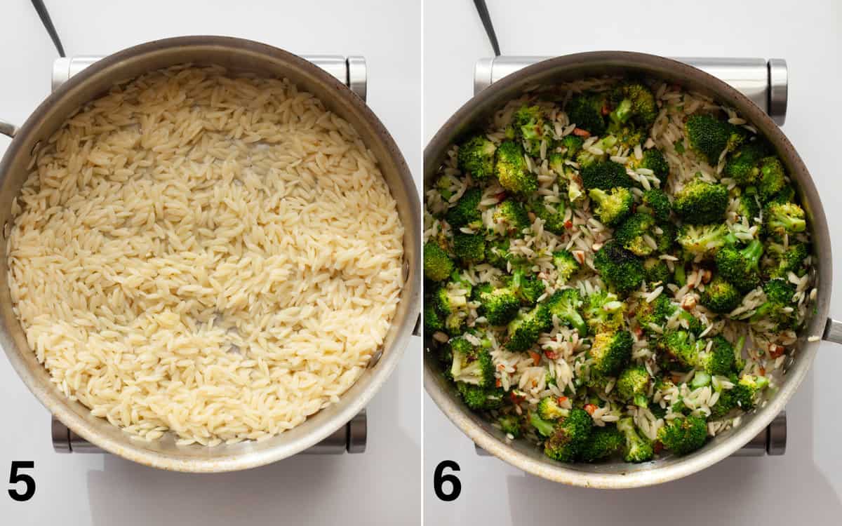 Orzo stirred into skillet. Broccoli and the rest of the ingredients folded into the orzo.