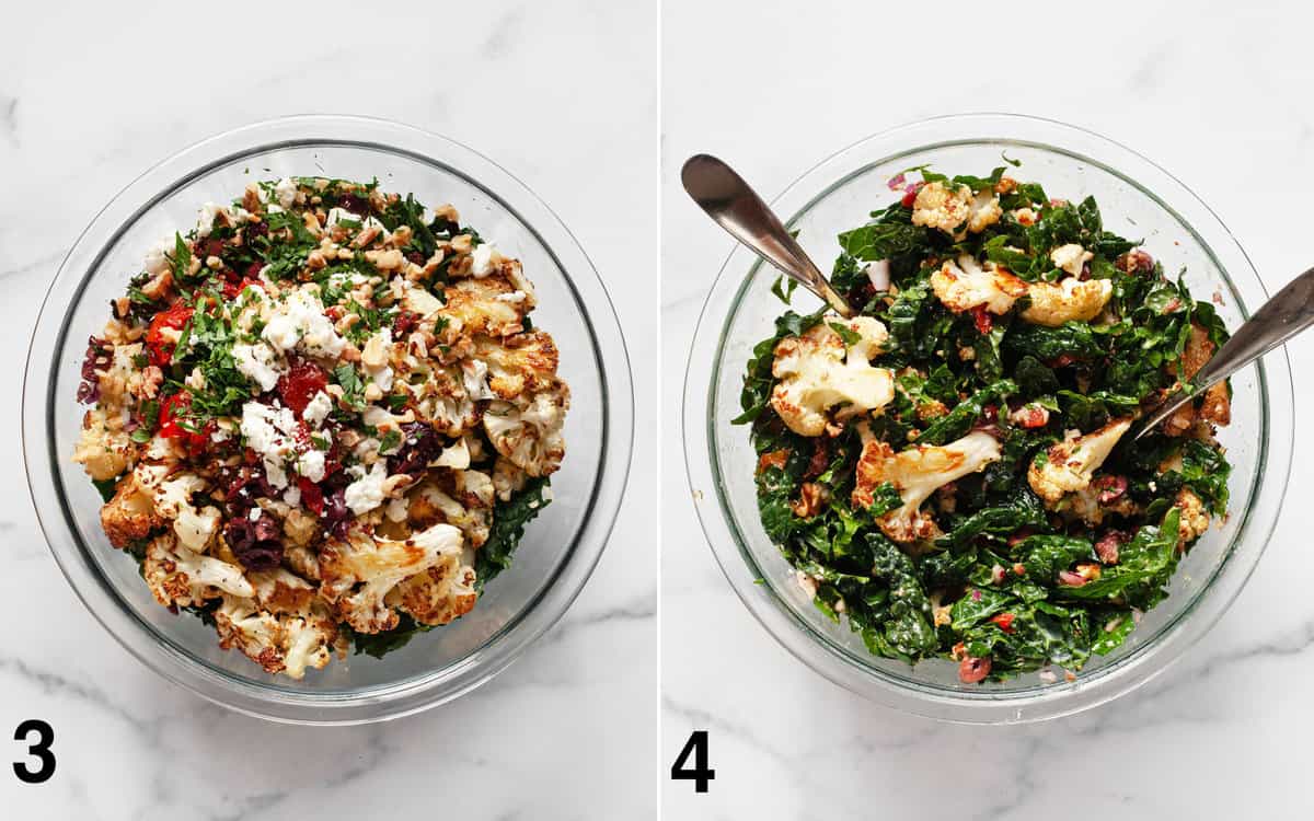 Salad assembled in a large bowl. Dressing drizzled into salad and mixed together.