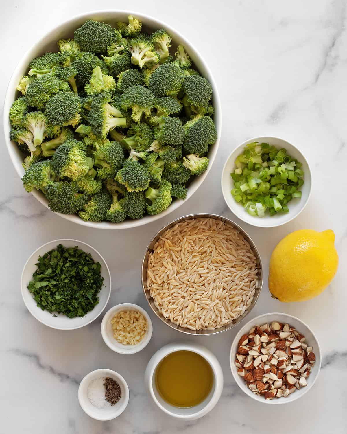 Ingredients including broccoli, lemon, garlic, orzo, scallions, almonds, oil, salt and pepper.