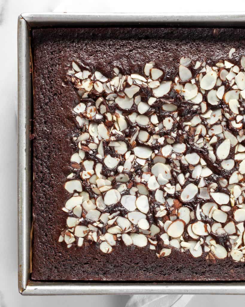 Baked chocolate almond cake in a pan