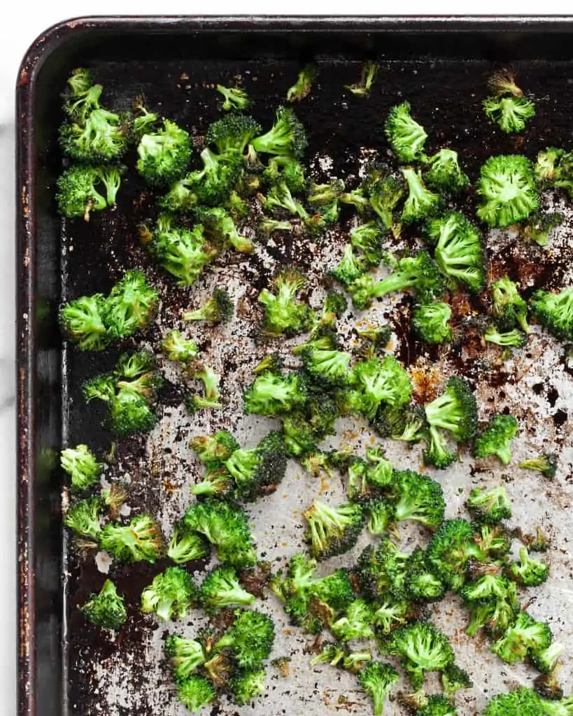 Roasted broccoli on a sheet pan