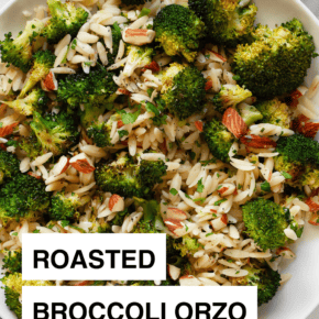 Orzo with roasted broccoli on a plate.