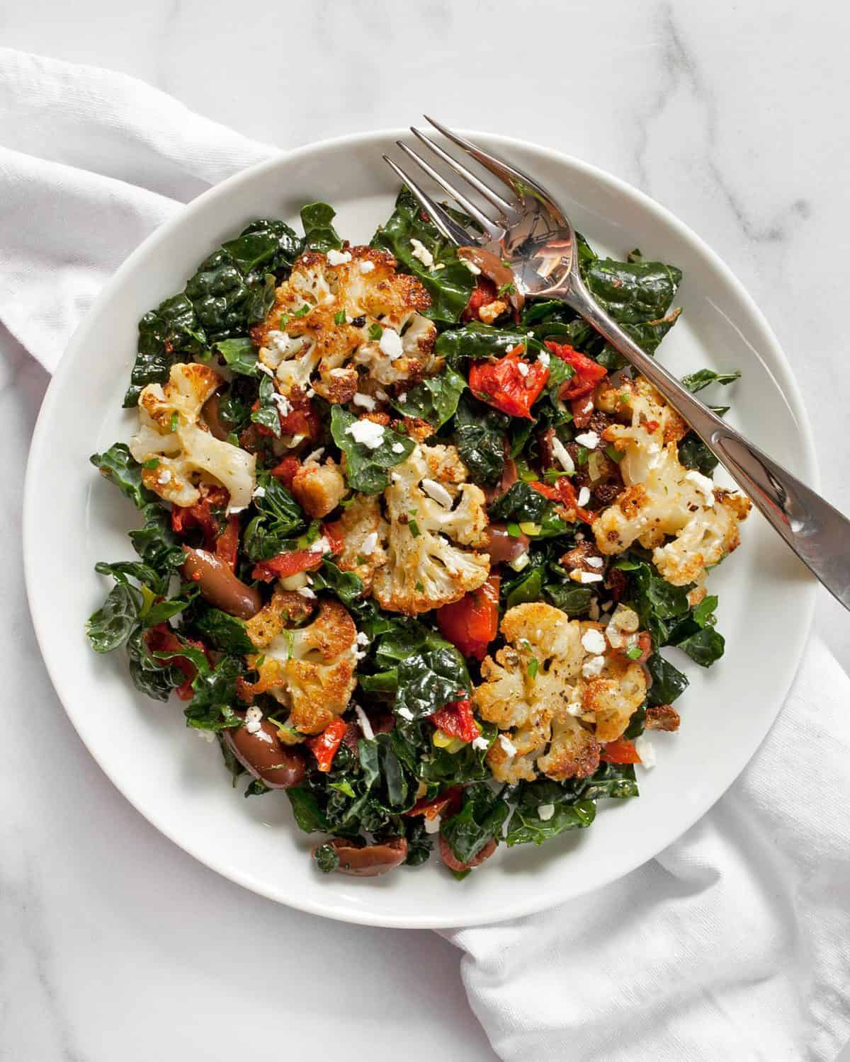 Roasted Cauliflower Kale Salad with Olives & Tomatoes Last Ingredient
