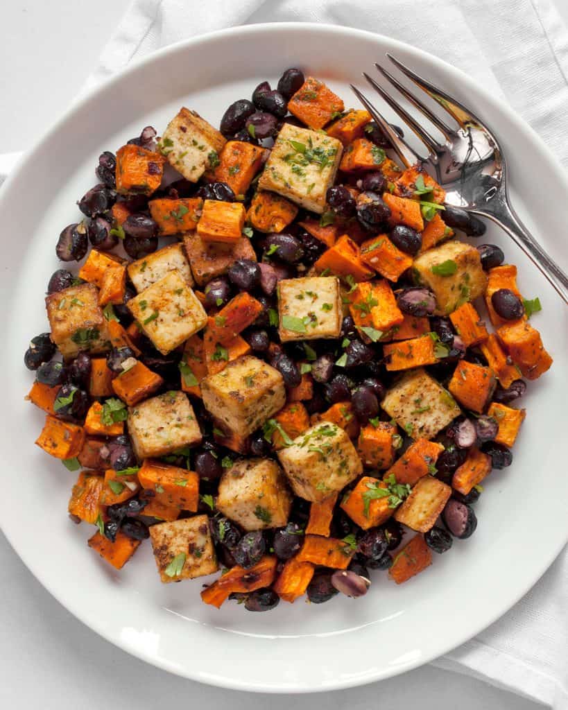 Baked tofu with sweet potatoes and black beans