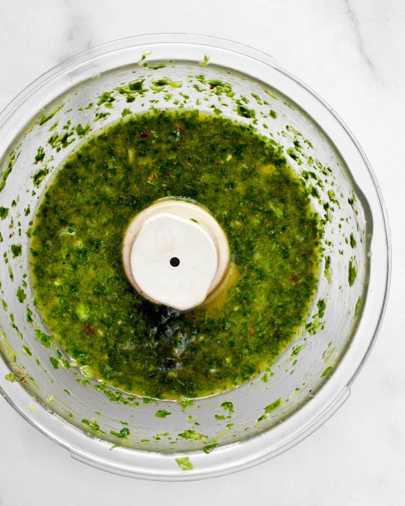 Chimichurri sauce in a food processor bowl