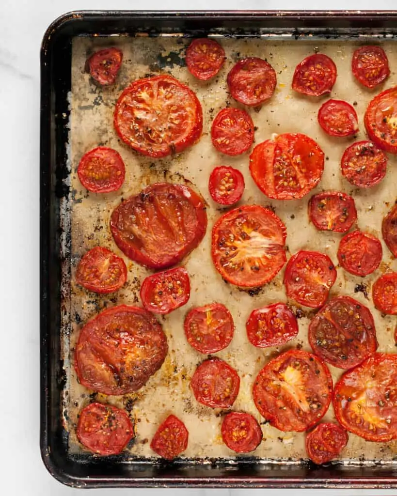 Roasted tomatoes on sheet pan