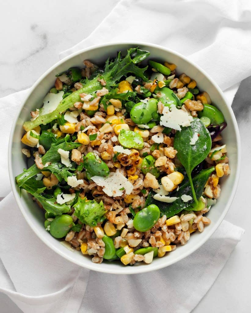 Grilled Corn Fava Bean Farro with Baby Greens | Last Ingredient