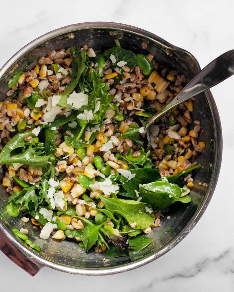 Stir together the farro, corn, fava beans and greens