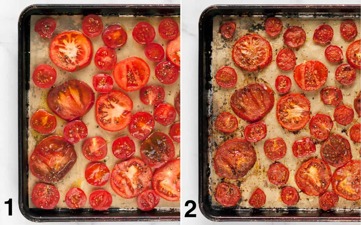 Sliced and halved tomatoes on a sheet pan before and after they are roasted.