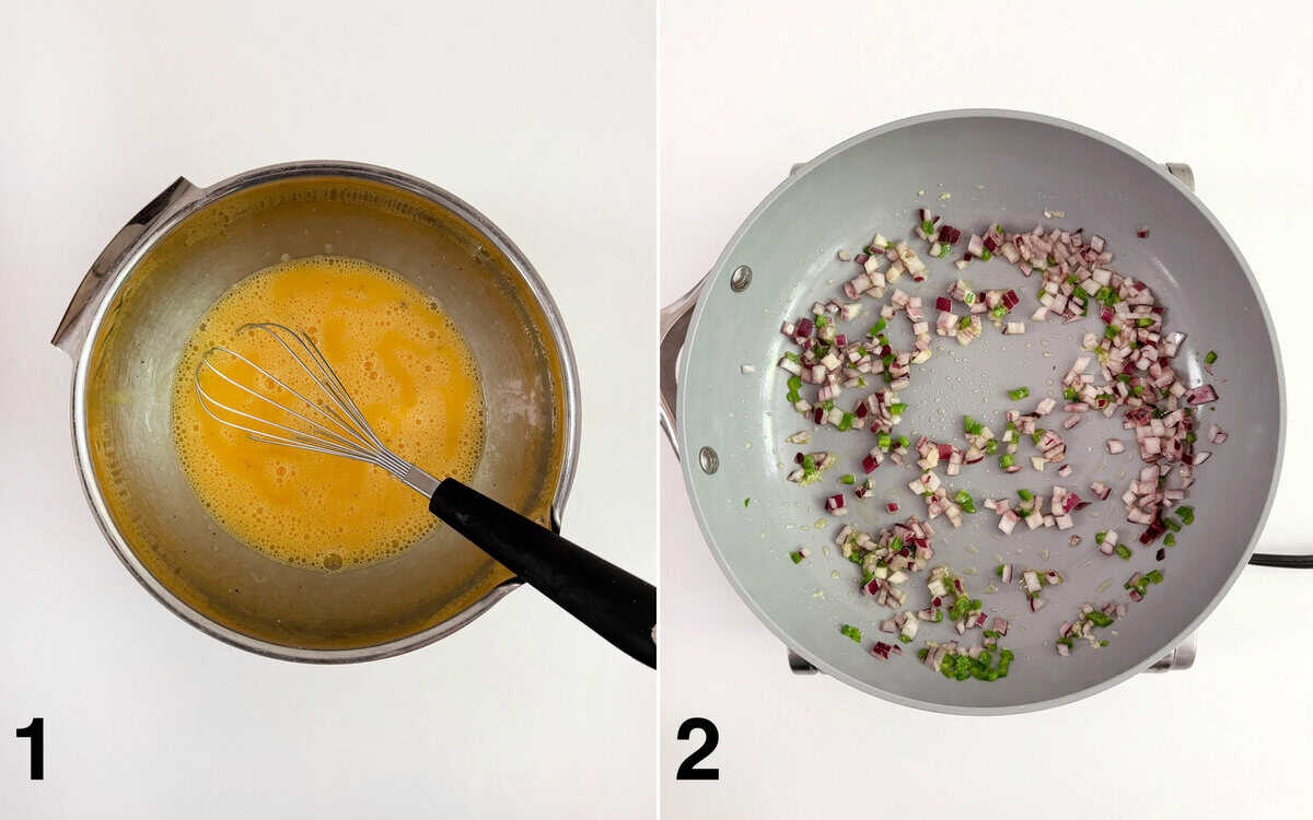 Eggs and milk whisked in bowl. Jalapenos, onions and garlic sauteing in a skillet.