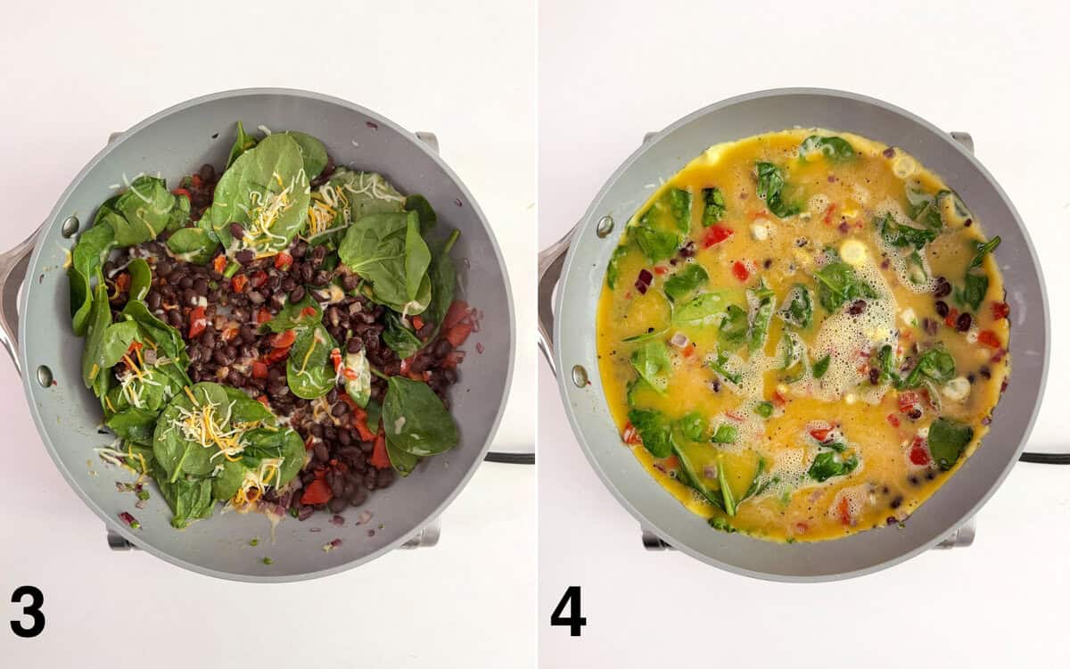 Black beans, peppers, spinach and cheese in a skillet. egg mixture poured into veggies.