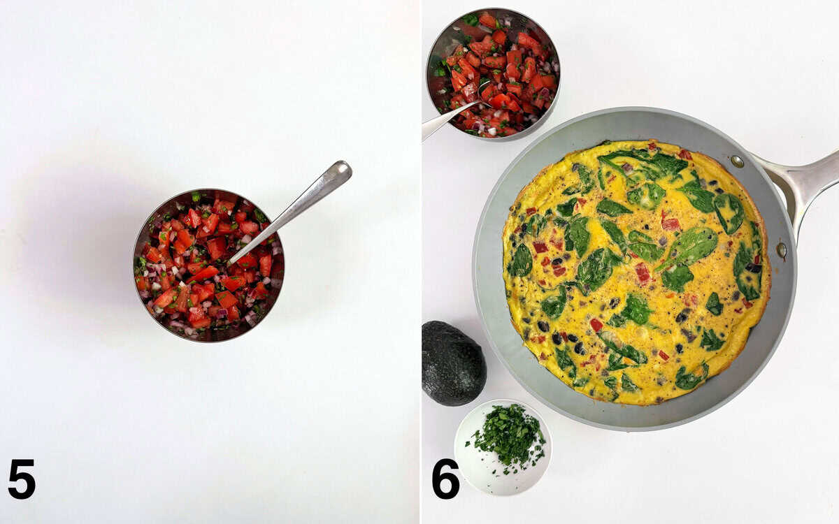 Pico de gallo in a small bowl. Baked frittata in a skillet bowls of pico de gallo and cilantro and an avocado.