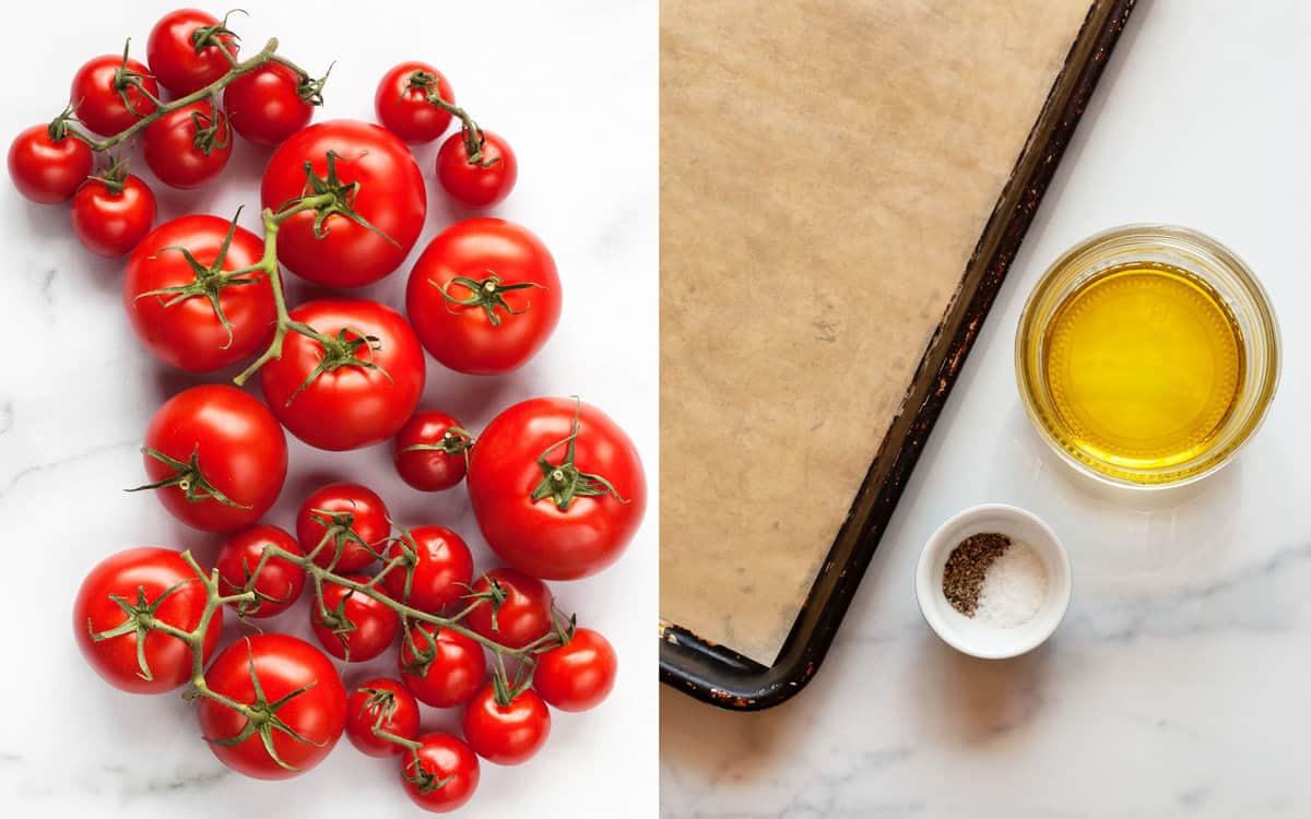 Ingredients and equipment for recipe including assorted, tomatoes, olive oil, salt, pepper and a lined sheet pan.