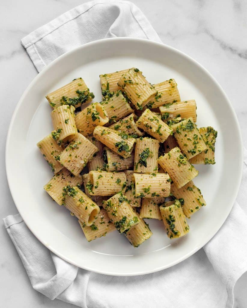 Vegan Kale Arugula Pesto on Rigatoni Pasta