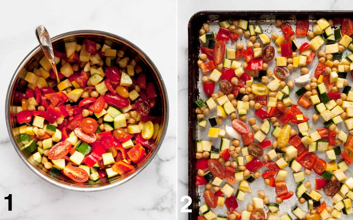 Zucchini, squash, peppers and tomatoes in a bowl; then these vegetables and chickpeas spread on a sheet pan.