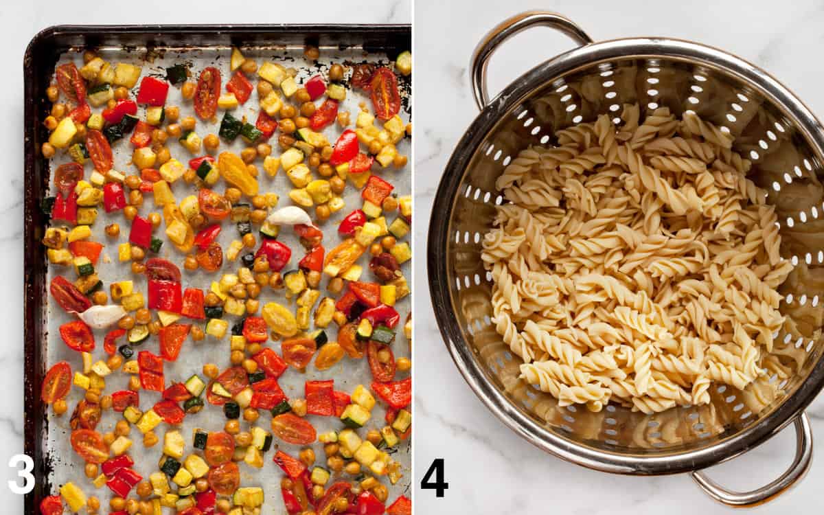 Roasted vegetables and chickpeas on a sheet pan; pasta in a colander.