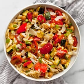 Roasted vegetable chickpea pasta salad in a bowl.