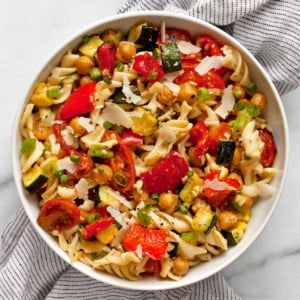 Roasted vegetable chickpea pasta salad in a bowl.