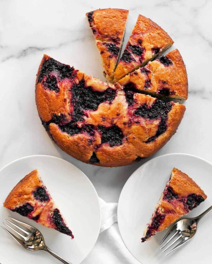 Blackberry Lemon Yogurt Cake sliced and served on plates