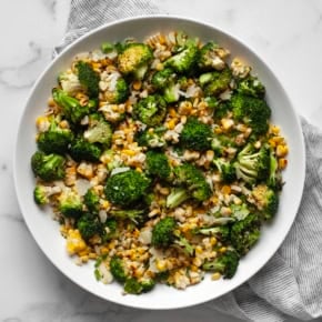 Grilled corn broccoli salad in a bowl.