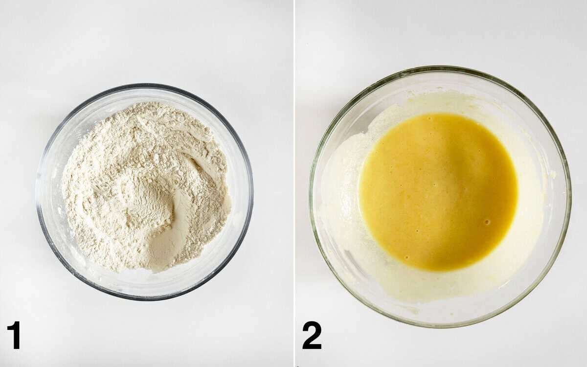 Dry ingredients in a bowl. Wet ingredients whisked together in another bowl.