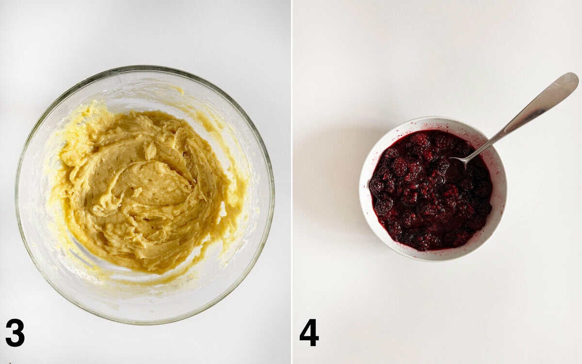 Batter folded together in a bowl. Berries mashed with sugar in a small bowl.
