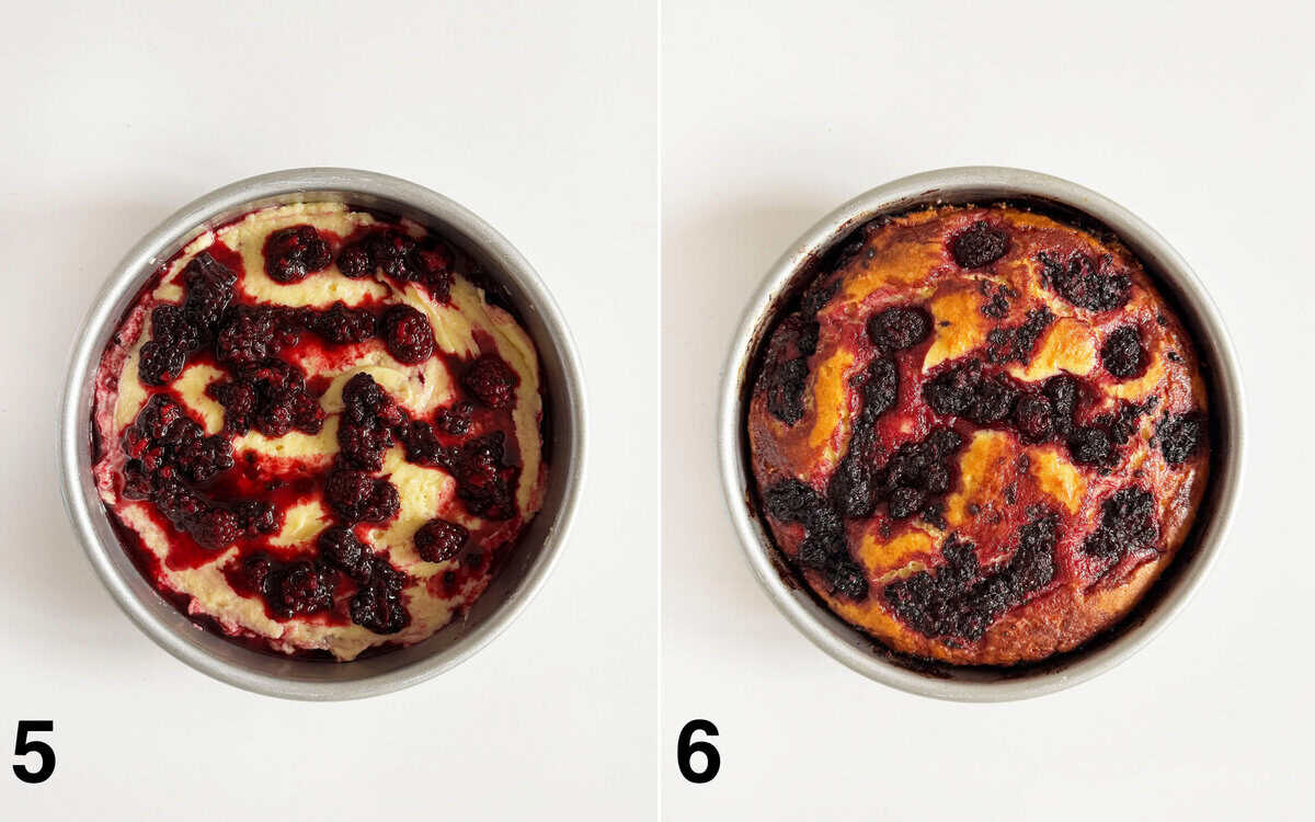 Blackberry cake in the pan before and after it bakes.