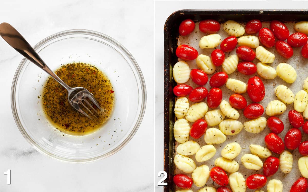 Olive oil and spices mixed in a bowl. Gnocchi and tomatoes on a sheet pan before they roast in the oven.
