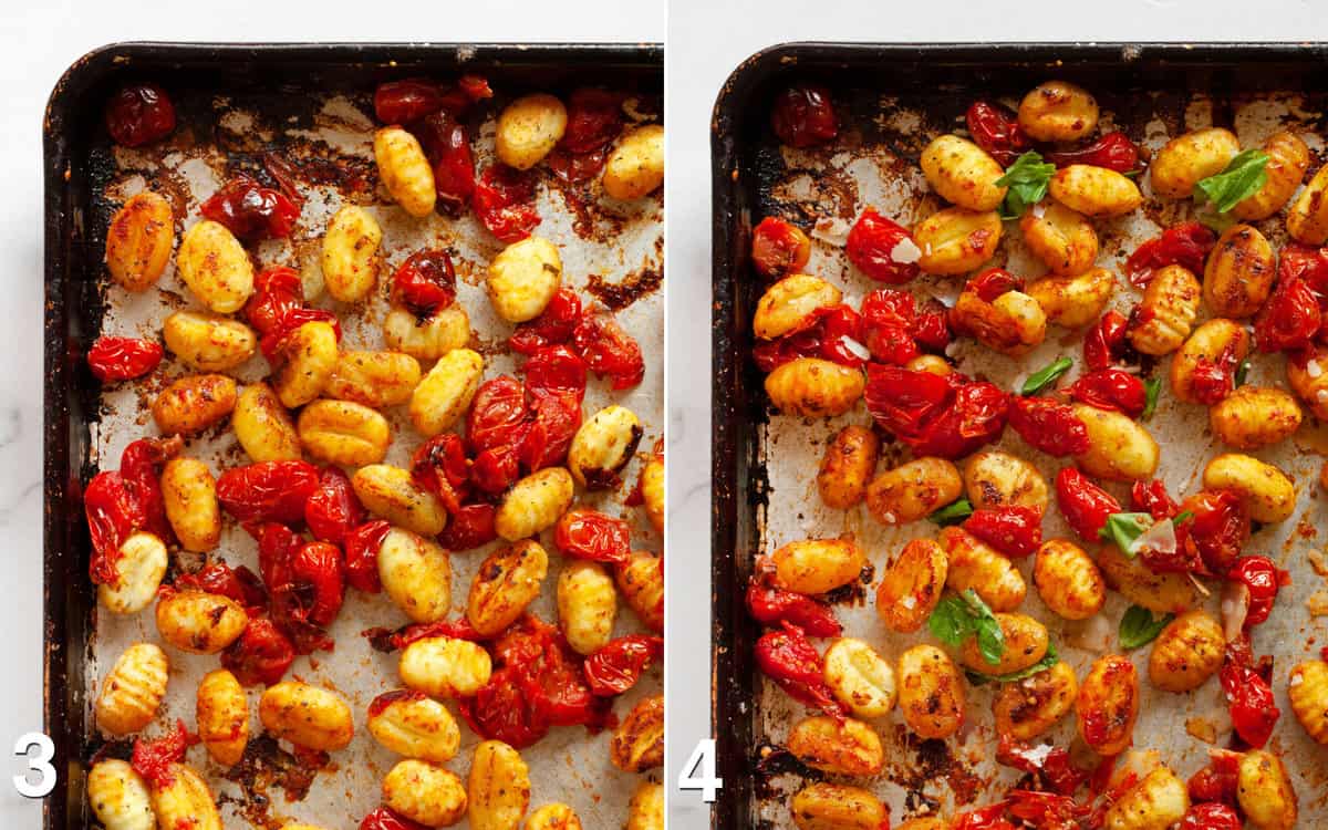 Roasted cherry tomatoes and gnocchi on a sheet pan before and after basil and parmesan are added.