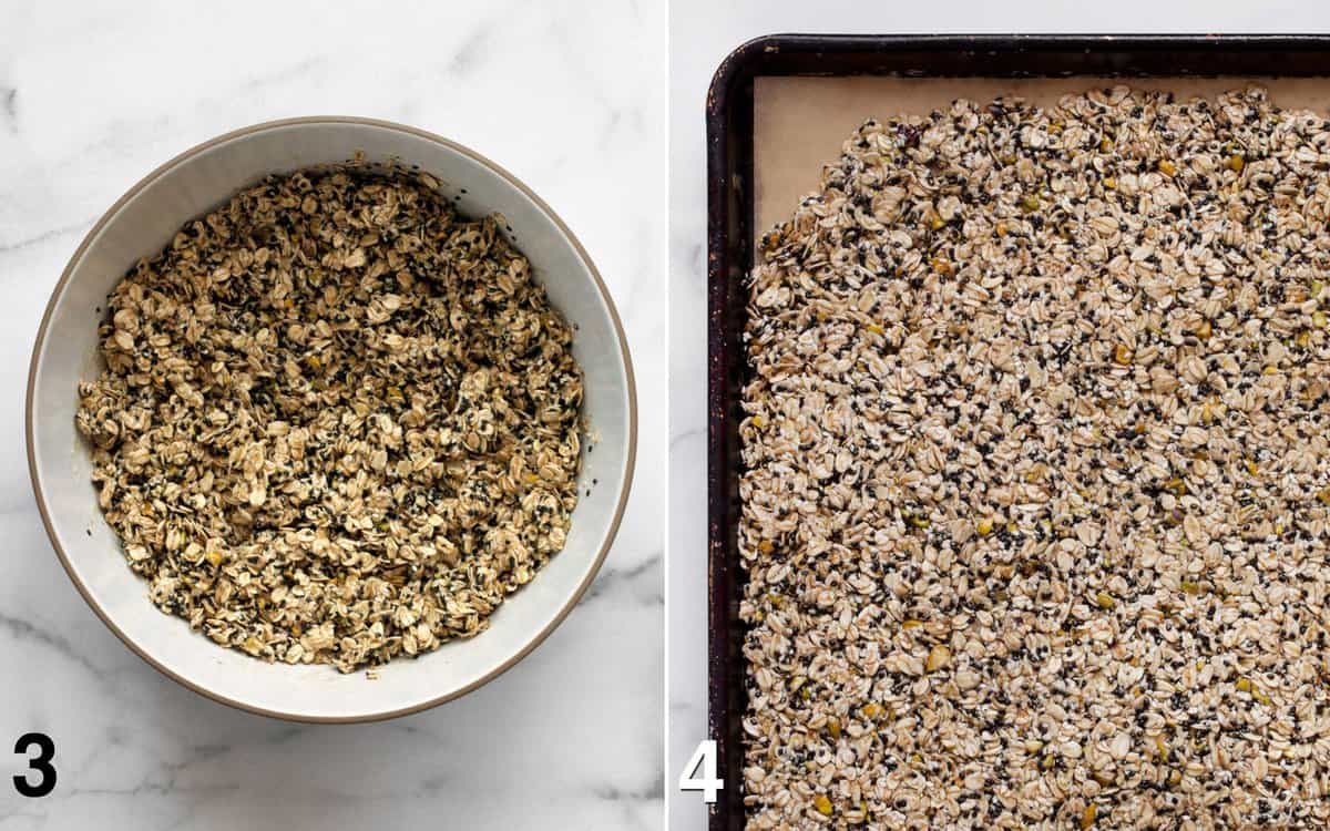 Mixed granola in a bowl before is baked. Granola pressed onto a sheet pan before it is baked.