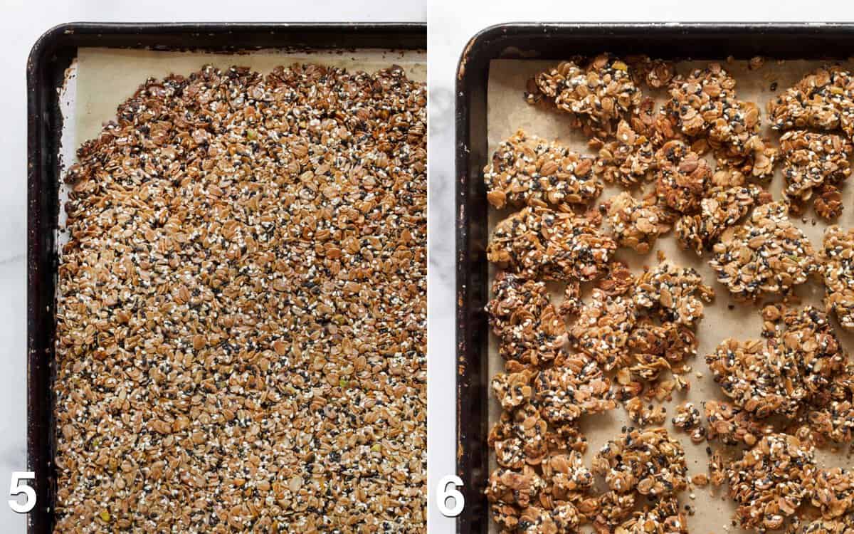 Baked granola on a pan before and after it is broken into chunks.