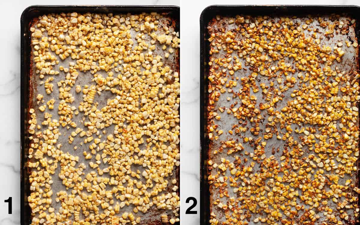 Corn on a sheet pan before and after it's roasted.