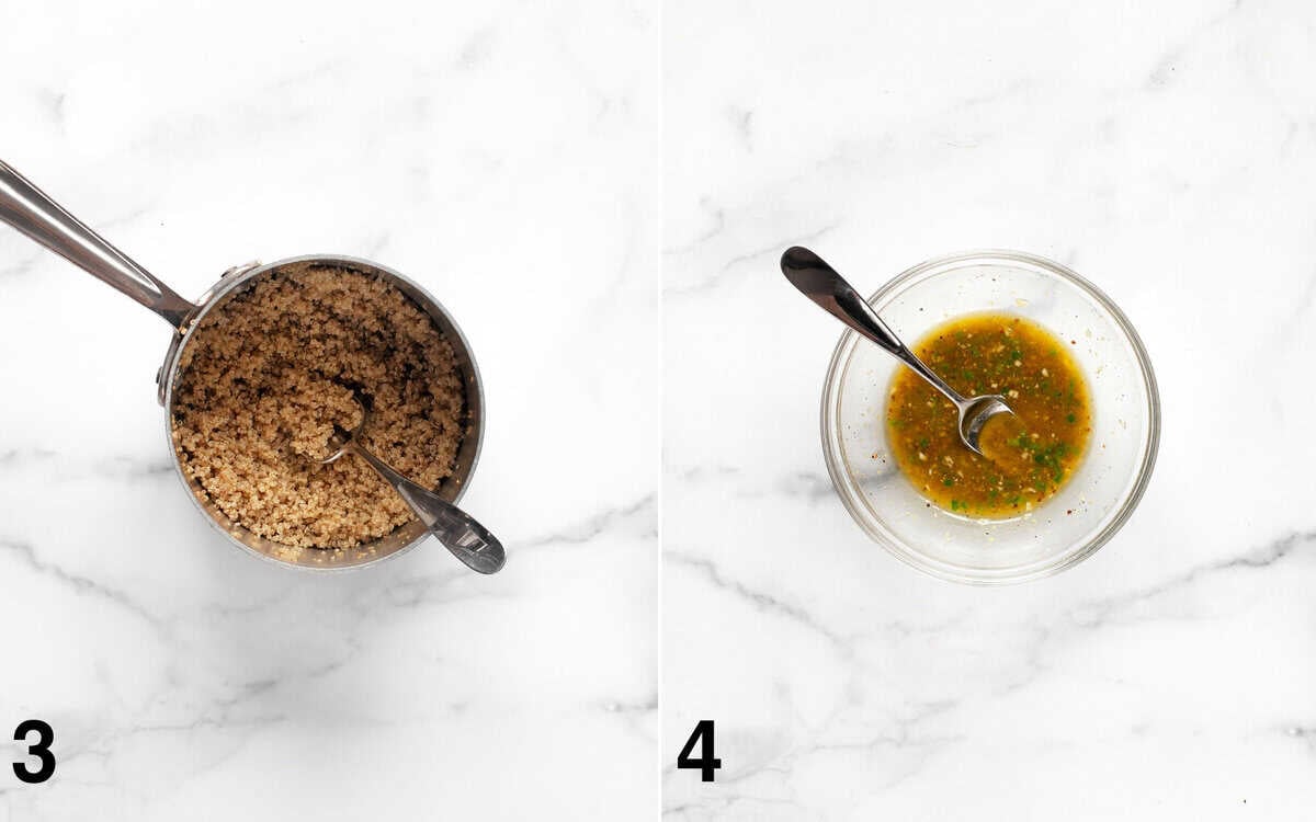 Cooked quinoa in a small pot. Vinaigrette in a bowl.