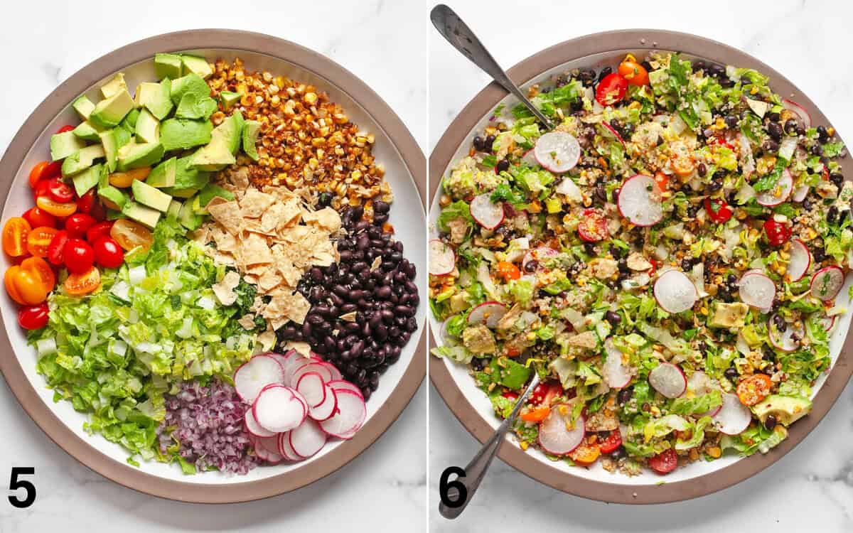 Ingredients assembled in a large salad bowl. Salad tossed with dressing and quinoa.