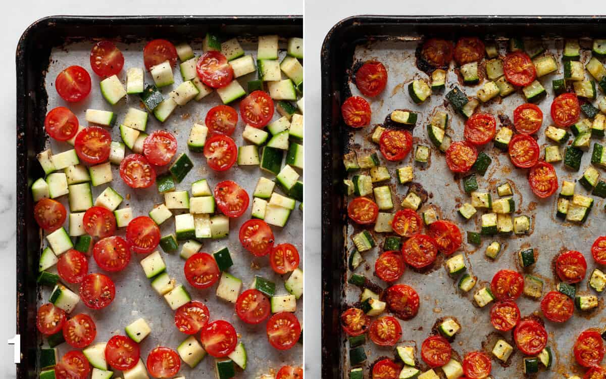 Tomatoes and zucchini on sheet pan before and after they are roasted.